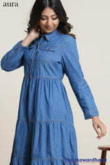 Aura Denim Button-Down Tiered Midi Dress