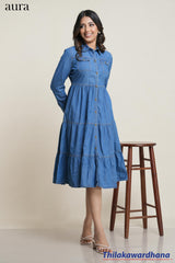 Aura Denim Button-Down Tiered Midi Dress