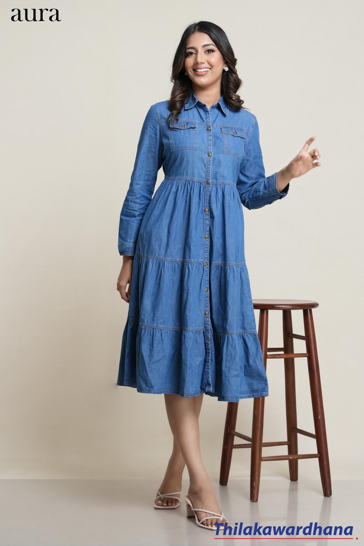 Aura Denim Button-Down Tiered Midi Dress