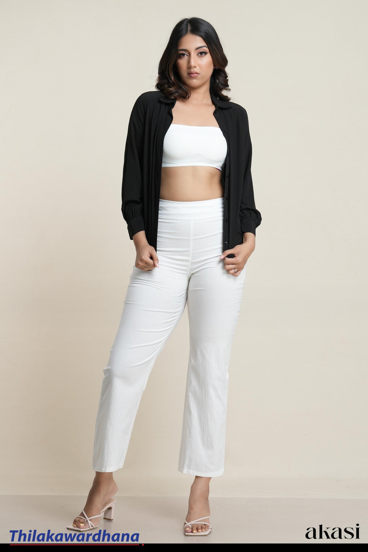 Akasi Luna White Textured High Waist Pant
