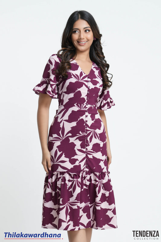 Tendenza V Neck Flare Sleeve Midi Dress