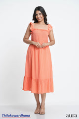 Apricot Breeze Smocked Midi Dress