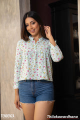 Tendenza Chinese Collared Long Sleeve Printed Top