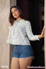 Tendenza Chinese Collared Long Sleeve Printed Top