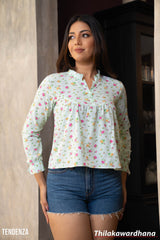 Tendenza Chinese Collared Long Sleeve Printed Top