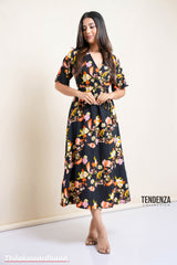 Tendenza Crossover V Neck Waist Gathered Dress