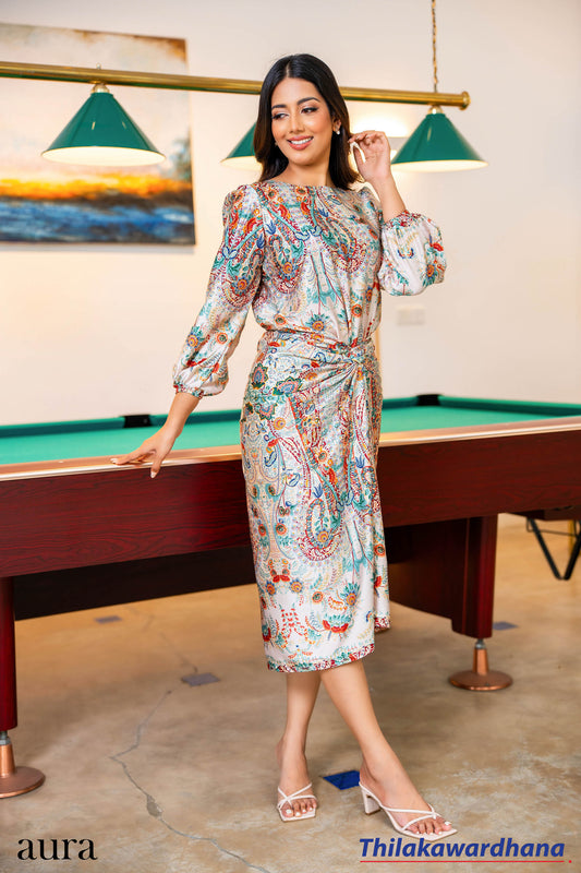 Aura Satin Luxe Paisley Dress