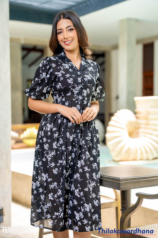Tendenza Lapel Collared Puff Sleeve Printed Midi Dress