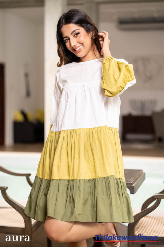 Aura Color Block Layered Linen Dress