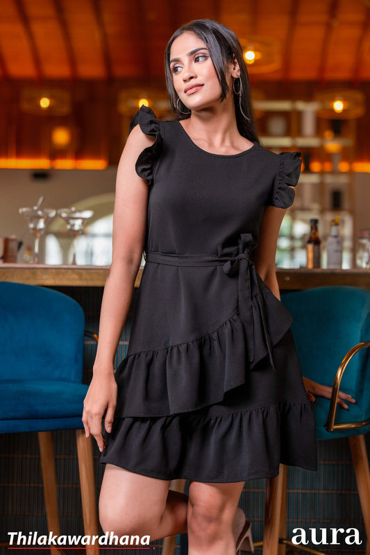 Aura Midnight Elegance with Ruffled Charm Dress