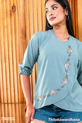 Tendenza Elegant Floral Embroidery Wrap Top