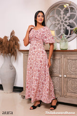 Aura Floral Printed Puff Sleeve Maxi Dress