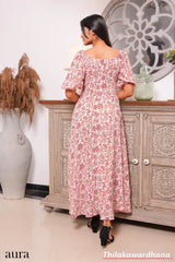 Aura Floral Printed Puff Sleeve Maxi Dress