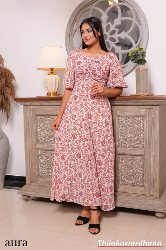 Aura Floral Printed Puff Sleeve Maxi Dress