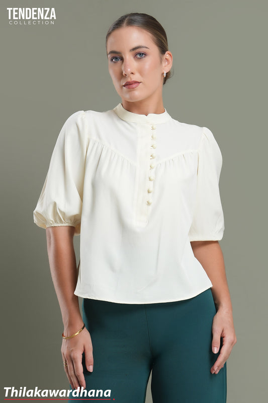 Tendenza Puff Sleeve Stand Collar Buttoned Top