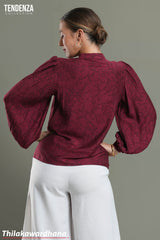 Tendenza Emerald Maroon Floral Puff Sleeve Blouse