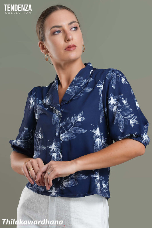 Tendenza Leaf Printed Shawl Collar Blouse
