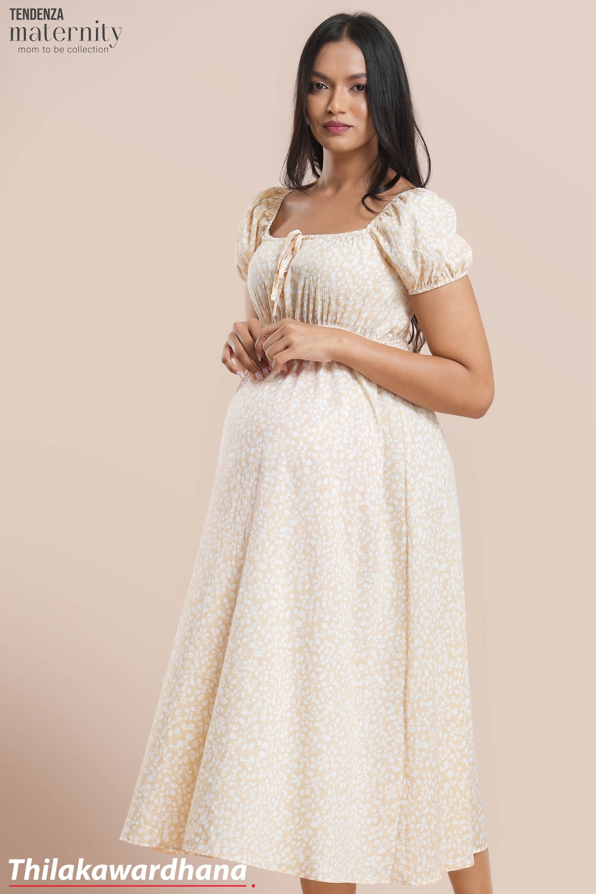 Tendenza Puff Sleeve Petel Midi Maternity Dress