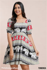 Tendenza Boho Elephant Print Puff Sleeve Dress