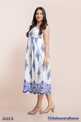 Aura Border Print Decorative Scalloped Pattern Dress