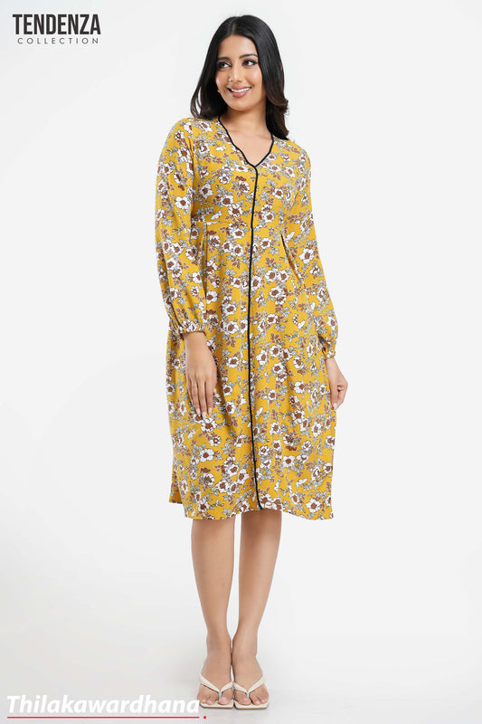 Tendenza Piping Detailed Long Sleeve Printed Dress