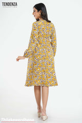 Tendenza Piping Detailed Long Sleeve Printed Dress