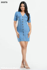 Aura Denim Chambray Pocket Detailed Dress