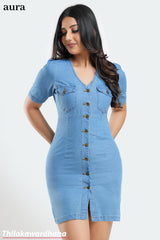 Aura Denim Chambray Pocket Detailed Dress