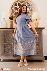 Tendenza Embroidered Puff Sleeve Midi Dress