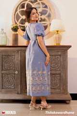Tendenza Embroidered Puff Sleeve Midi Dress