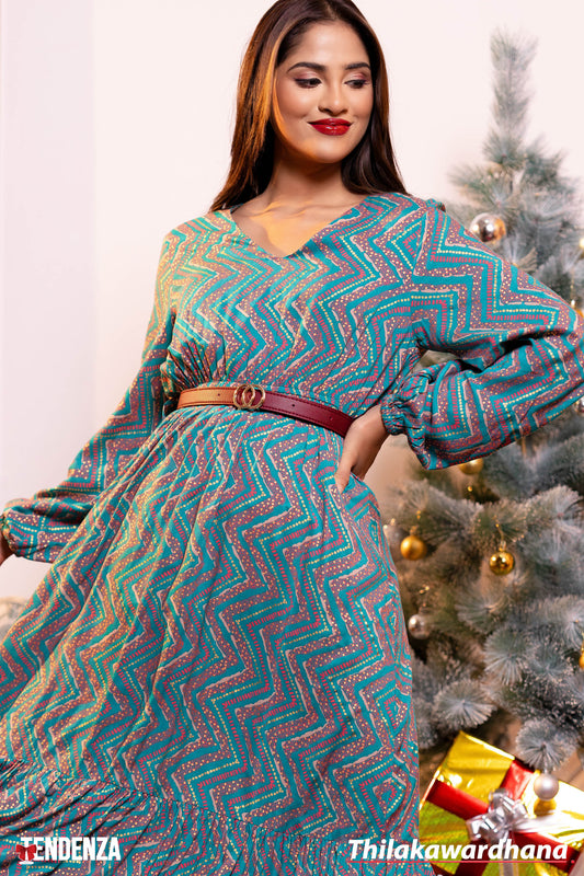 Tendenza Bishop Sleeve Tiered Belted Maxi Dress