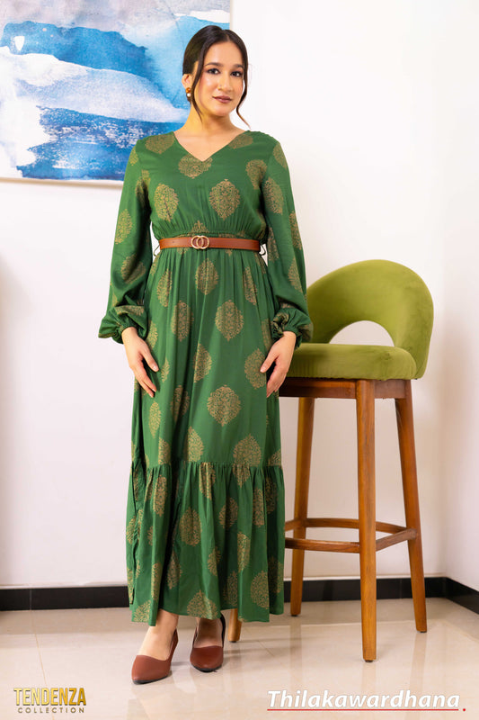 Tendenza Bishop Sleeve Tiered Belted Maxi Dress