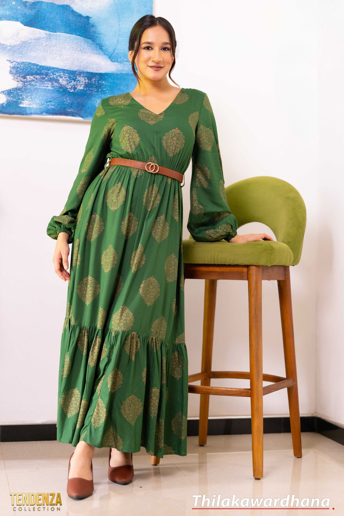 Tendenza Bishop Sleeve Tiered Belted Maxi Dress