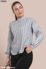Tendenza Textured Striped Mandarin Collar Top