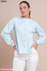 Tendenza Textured Striped Mandarin Collar Top