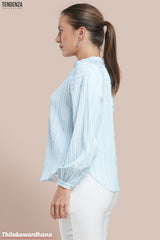 Tendenza Textured Striped Mandarin Collar Top