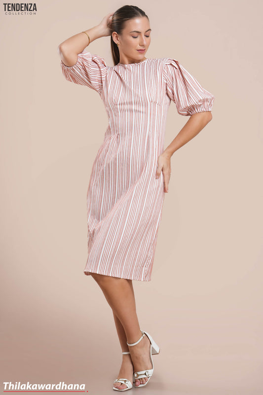 Tendenza Textured Striped Puff Sleeve Midi Dress