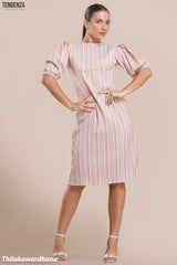 Tendenza Textured Striped Puff Sleeve Midi Dress