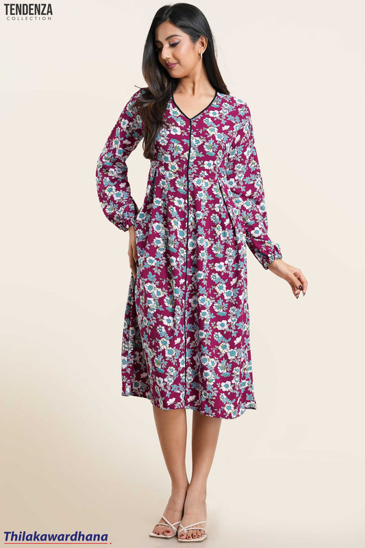 Tendenza Piping Detailed Long Sleeve Printed Dress
