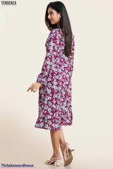 Tendenza Piping Detailed Long Sleeve Printed Dress