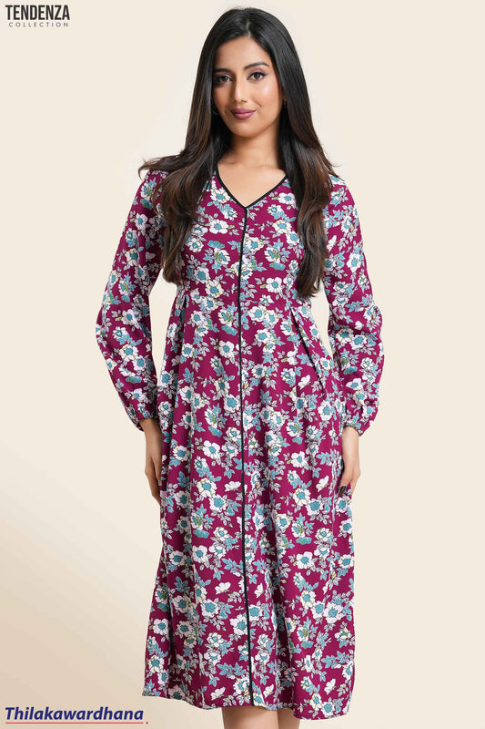 Tendenza Piping Detailed Long Sleeve Printed Dress