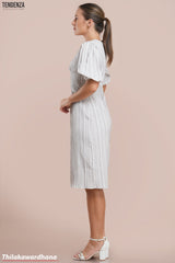 Tendenza Textured Striped Puff Sleeve Midi Dress