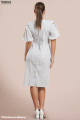 Tendenza Textured Striped Puff Sleeve Midi Dress