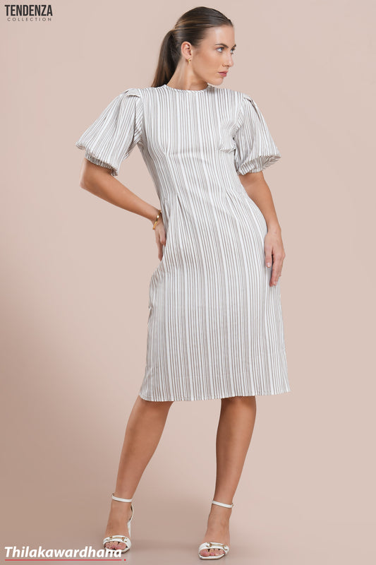 Tendenza Textured Striped Puff Sleeve Midi Dress