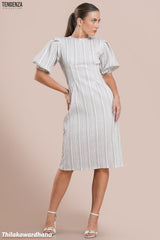 Tendenza Textured Striped Puff Sleeve Midi Dress