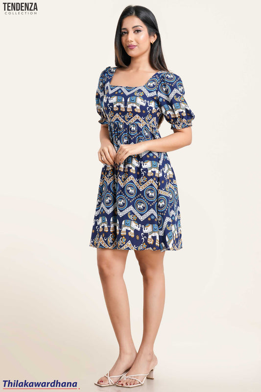 Tendenza Boho Elephant Print Puff Sleeve Dress