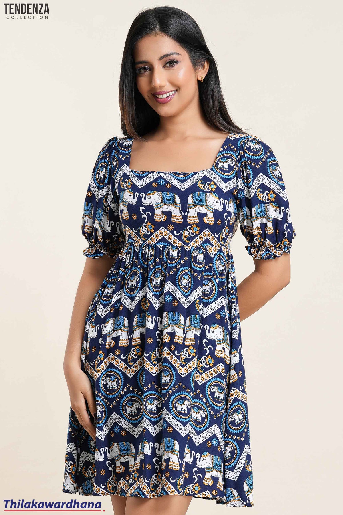Tendenza Boho Elephant Print Puff Sleeve Dress