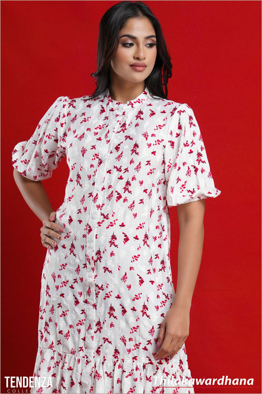 Tendenza Puff Sleeve Frilled Hem Midi Dress