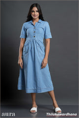 Aura Summer Sky Button Midi Denim Dress