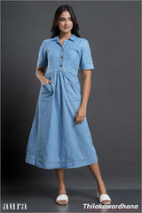 Aura Summer Sky Button Midi Denim Dress